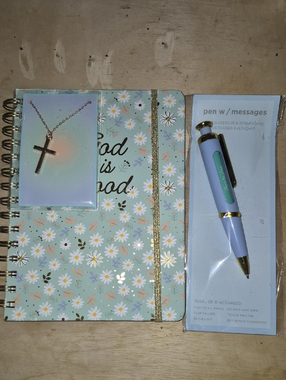 Floral 'God is Good' Spiral Notebook with Cross Necklace and Pastel Pen